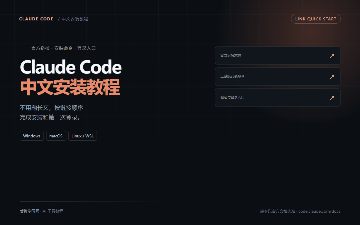 Claude Code 中文安装教程:官方链接与命令速查插图 Claude Code 中文安装教程链接速查封面