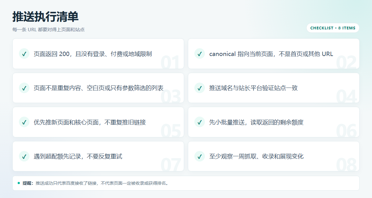2026年百度站长推送还有用吗?价值、限额与正确用法插图3 百度站长推送执行检查清单